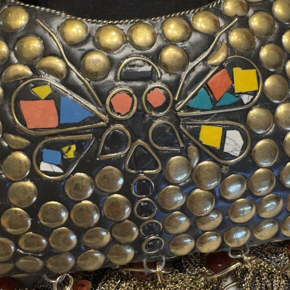 Love Binetti Diego Metal Brass Stud Clutch Bag Mini Purse Butterfly Coral Tassel - Picture 12 of 16